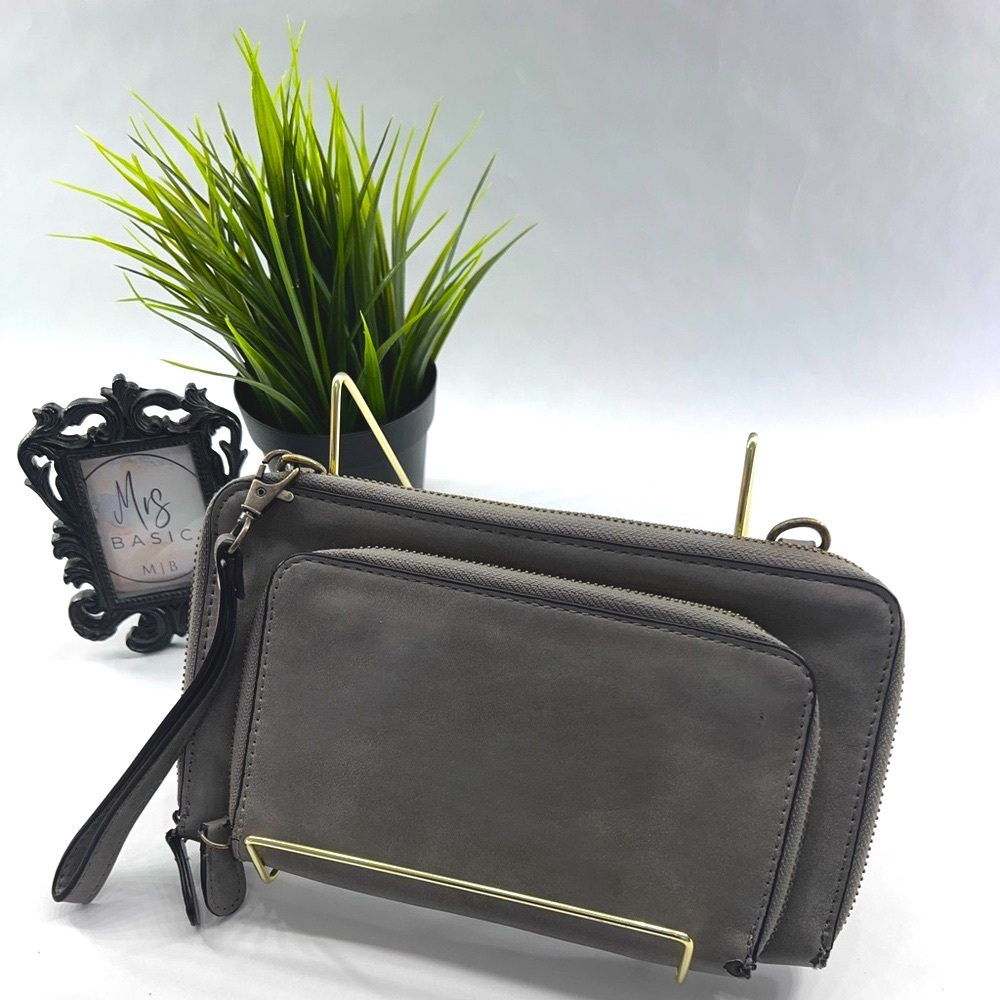 Joy Susan Grey Brushed Vegan Leather Mini Convertible Zip Around Wristlet